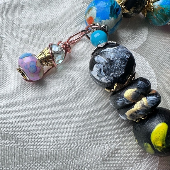 Handmade Charm Bracelet with Hand-Painted Beads & Wire-Wrapped Accents 6-7 3130 - Picture 6 of 8